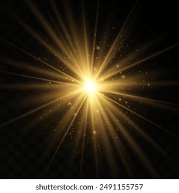 The image depicts a golden light , including sun rays and a dawn effect. The image also includes a gold flare