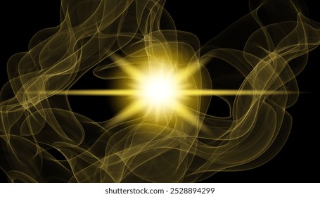 The image depicts a golden light , including sun rays and a dawn effect. The image also includes a gold flare. Glowing star with particles. Gold glow effect with stardust. Bright golden magic light. 