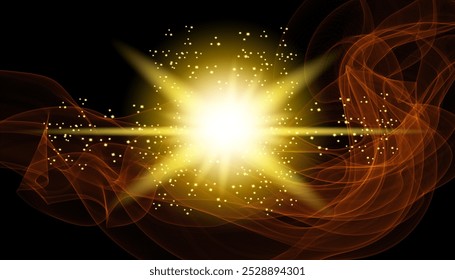 The image depicts a golden light , including sun rays and a dawn effect. The image also includes a gold flare. Glowing star with particles. Gold glow effect with stardust. Bright golden magic light. 