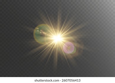 The image depicts a golden light , including sun rays and a dawn effect. The image includes a flare. Abstract sun burst, digital flare, iridescent glare over black background. Vector sparkles.