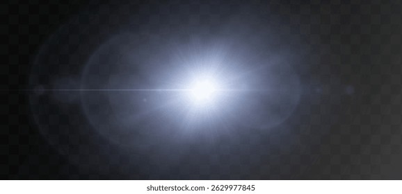 The image depicts a golden light , including sun rays and a dawn effect. The image also includes a gold flare. Vector