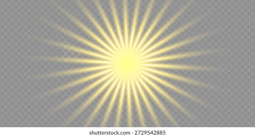 A imagem retrata uma luz dourada, incluindo raios de sol e um efeito da madrugada. A imagem inclui um flare. Explosão solar abstrata, flare digital, brilho iridescente sobre fundo preto. Brilhos vetoriais.

