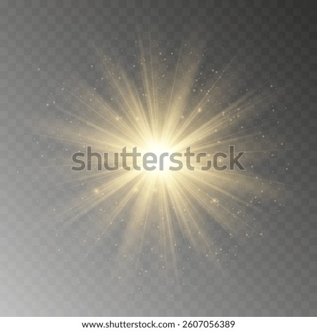 The image depicts a golden light , including sun rays and a dawn effect. The image includes a flare. Abstract sun burst, digital flare, iridescent glare over black background. Vector sparkles.