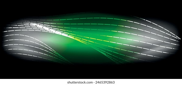La Imagen representa una onda verde y blanca sobre un fondo negro. Combina Elementos de agua, tecnología, efectos visuales y técnicas de iluminación