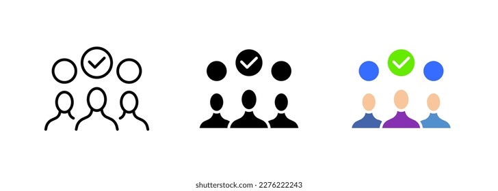 Das Bild zeigt eine Gruppe von Menschen, möglicherweise in einer Sitzung oder Konferenz, die jeweils ein Markensymbol in ihren Händen halten. Vektorset von Symbolen in Linie, schwarze und bunte Stile einzeln.