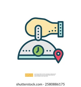 The image depicts a hand holding a cloche, symbolizing service or delivery, with a clock and location marker, representing timely and location-based services.