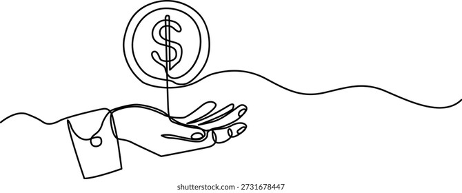 La Imagen representa una mano que sostiene un signo de dólar en alto. El signo del dólar está rodeado y parece estar flotando sobre la mano. La mano está dibujada en un estilo minimalista, con solo los dedos y el pulgar visibles. El fondo es sencillo y despejado, centrando la atención en la mano y el signo del dólar.