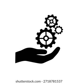 La Imagen representa una mano que sostiene tres engranajes entrelazados. La mano se muestra en silueta, con los dedos separados y la palma mirando hacia adelante. Los engranajes también están en blanco y negro, simbolizando la maquinaria o el concepto de trabajo en equipo y coordinación. Esta Imagen puede representar varios temas como el trabajo en equipo, la colaboración, la innovación y la mecánica del trabajo.