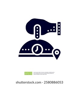 The image depicts a hand placing an item under a cloche with a clock and location marker, suggesting a service or delivery concept.