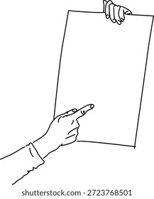 A imagem mostra uma mão apontando para um pedaço de papel segurado por outra mão. O papel parece estar em branco e a mão apontando para ele é posicionada abaixo do papel, sugerindo uma ação de indicar ou chamar a atenção para algo no papel.