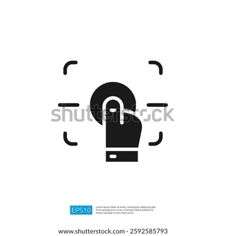 The image depicts a hand pressing a button within a rectangular frame, suggesting a focus on capturing or taking a photo.