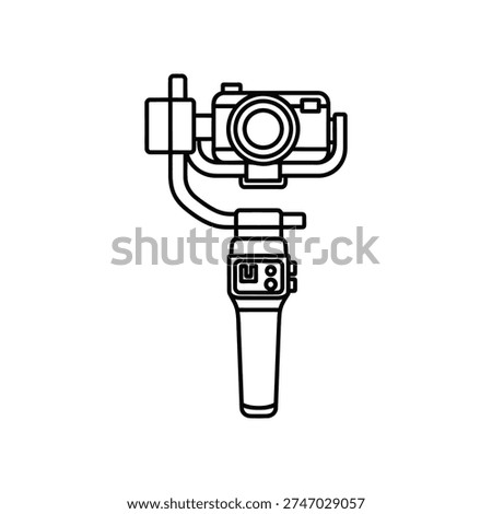 The image depicts a handheld gimbal stabilizer designed to hold a camera steady, reducing motion blur and shakiness. This device is commonly used by videographers and photographers to capture smooth footage and clear images. The gimbal has multiple arms that balance the camera, allowing for fluid panning and tilting movements. The control interface on the handle suggests it can be operated manually for precise adjustments, making it ideal for both professional and amateur content creators.