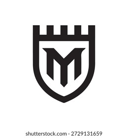 La Imagen representa un escudo heráldico con un emblema prominente en su centro. El escudo está delineado en negro y presenta una letra estilizada 'M' en el medio, que también se representa en negro. Sobre el escudo, hay una cresta compuesta de Horizontales rayas blancas y negras, dándole un aspecto distintivo y regio. El diseño general es simple pero elegante, lo que sugiere un escudo de armas o un logotipo asociado con una familia, organización o institución específica.