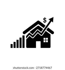 La Imagen representa una casa con una línea de grafo ascendente que se extiende desde su techo, coronada con un signo de dólar. Esto simboliza una tendencia al alza en el mercado inmobiliario, lo que indica un aumento del valor de las propiedades y el crecimiento del mercado.