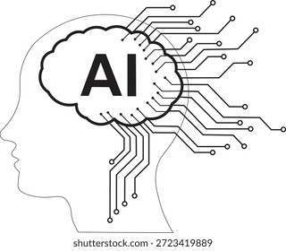 A imagem representa uma cabeça humana com um cérebro representado pelas letras "AI". O cérebro está interligado com numerosas linhas de circuito, simbolizando a integração da inteligência artificial com a cognição humana. Esta metáfora visual enfatiza o conceito de IA que melhora ou substitui os processos de pensamento humano através de tecnologia avançada.