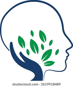 The image depicts a human head in profile with a hand holding vibrant green leaves inside