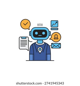 The image depicts a humanoid robot dressed in a blue uniform, likely representing a professional or service-oriented role. It is surrounded by icons symbolizing different tasks: a speech bubble with a checkmark for approval or confirmation, a document with a clipboard for paperwork, a bell for notifications or alerts, an envelope for emails, and a checklist for tasks or to-do lists. The robot appears to be overseeing or managing these various functions efficiently.