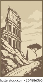 The image depicts an illustration of the Colosseum in Rome, situated on a hill with a winding road leading up to it, set against a backdrop of a cloudy sky and a single tree.
