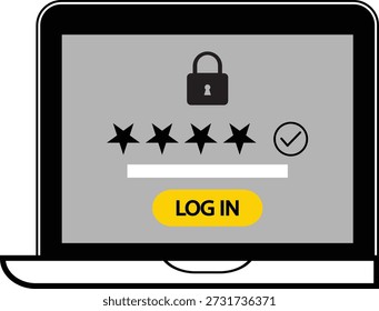 The image depicts a laptop screen displaying a secure login interface. The screen features a padlock icon, four filled stars, one empty star, a checkmark, and a 'LOG IN' button. The interface suggests a focus on security and user authentication.