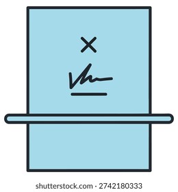 The image depicts a light blue document with a black outline, featuring a signature and a stamp. The document is divided into two sections, with the top section containing a black 'x' above a signature, and the bottom section partially obscured by a horizontal bar.