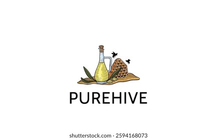 The image depicts a logo representing a honey-based business, showcasing bees, honey and related products.