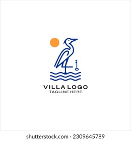 The image depicts a logo template for a villa, featuring an egret as a cash sign. Egrets depicted in a simple and elegant style,