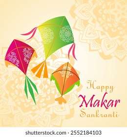 The image depicts Makar Sankranti with colorful kites soaring in the sky Happy Makar Sankranti is written at the bottom symbolizing joy celebration and a new seasons start






