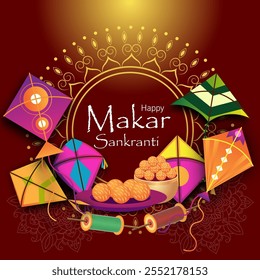 A imagem retrata Makar Sankranti com pipas diyas ladoos e carretéis de fio contra um céu festivo Happy Makar Sankranti é escrito centralmente celebrando a alegria e uma nova estação