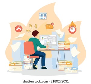 The image depicts a man overwhelmed with work, sitting at a desk surrounded by stacks of files and papers. Symbols of stress, deadlines, and notifications emphasize his busy state.