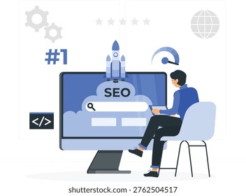 The image depicts a man sitting at a computer, focused on optimizing a website for search engines. He is surrounded by various elements that represent the process of search engine optimization (SEO). These include a rocket ship launching from the word 'SEO,' indicating growth and success, a magnifying glass over a search bar, and coding symbols, emphasizing the technical aspects of SEO. The man is dressed in blue, matching the color scheme of the SEO-related graphics.
