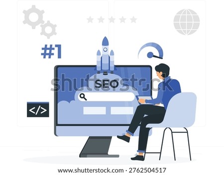 The image depicts a man sitting at a computer, focused on optimizing a website for search engines. He is surrounded by various elements that represent the process of search engine optimization (SEO). These include a rocket ship launching from the word 'SEO,' indicating growth and success, a magnifying glass over a search bar, and coding symbols, emphasizing the technical aspects of SEO. The man is dressed in blue, matching the color scheme of the SEO-related graphics.