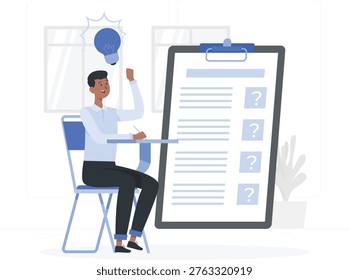 The image depicts a man sitting at a desk with a clipboard filled with questions. He is holding a lightbulb above his head, symbolizing an idea or inspiration. The man appears to be in a thoughtful pose, indicating that he is brainstorming or problem-solving. The clipboard has several lines with question marks, suggesting a list of queries or tasks to address.