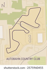 The image depicts a map of the Autobahn Country Club, a race track located in the United States. The map is drawn in a simple, cartographic style with a beige background.