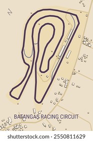 The image depicts a map of the Batangas Racing Circuit, a race track located in the Philippines. The track is outlined in a dark purple color and is situated in a rural area with surrounding buildings