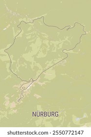 The image depicts a map of the Nürburgring, a famous race track located in Germany. The map is rendered in a light green color scheme, with a black outline tracing the track's winding path