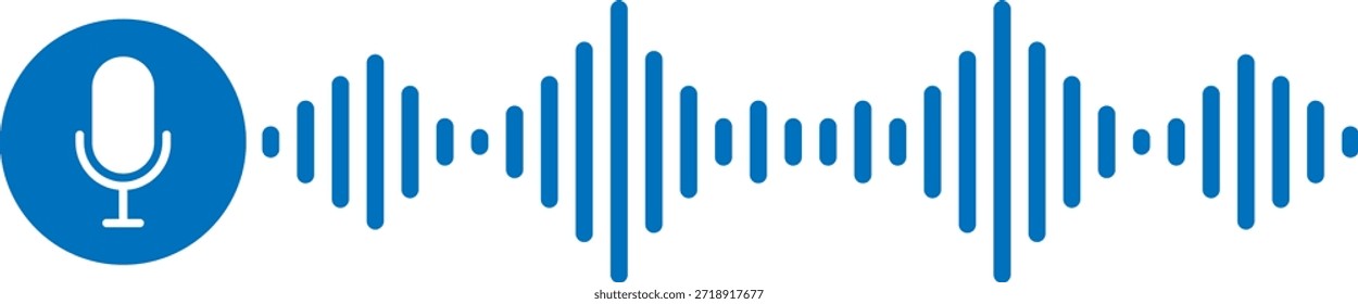 The image depicts a microphone icon emitting sound waves. The microphone is shown on the left side, with a series of blue sound waves extending to the right. This visual representation suggests the concept of sound recording or audio transmission.