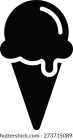 The image depicts a minimalist black icon of a single scoop of ice cream in a cone, with a white outline highlighting the texture and shape of the ice cream.