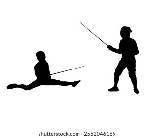 The image depicts a minimalist black-and-white silhouette of a fencer, capturing the essence of the sport of fencing