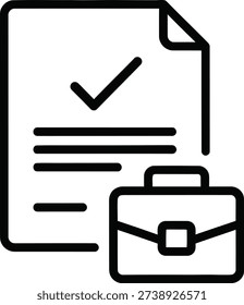 The image depicts a minimalist graphic of a document with a checkmark on it, accompanied by a briefcase. The document has three lines below the checkmark, symbolizing text. The briefcase is positioned to the right of the document, with a handle on top and a buckle on the front.