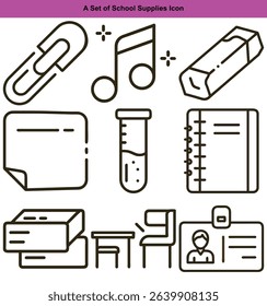 Image depicts a minimalist icon set of school supplies including a safety pin, music note, eraser, notebook, test tube, student id card, papers, and student desk.