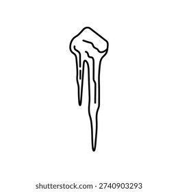 The image depicts a minimalist line drawing of an icicle hanging downward, with a small, rounded base at the top and a pronounced drip at the bottom. The icicle appears to be melting, as indicated by the elongated drop hanging from its tip. The style is simple and abstract, focusing on basic shapes and lines.