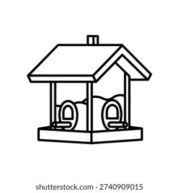 The image depicts a minimalist line drawing of a birdhouse featuring a pitched roof with a small finial on top. The birdhouse has two circular perches beneath the feeding area, which is designed to hold birdseed. The structure is supported by four vertical legs, and the overall design is utilitarian and functional.