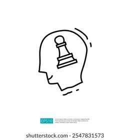 The image depicts a minimalist outline of a human head with a chess pawn inside, symbolizing strategic thinking or mental processes related to chess.