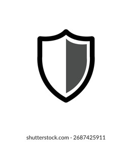Image depicts a minimalist shield with a bold black outline, filled with a gray half on the right on a transparent backdrop.