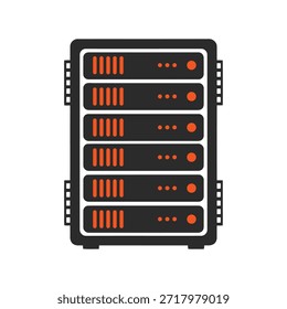 The image depicts a modern server rack with multiple units stacked vertically. Each unit features rows of orange lights indicating power and connectivity. The server rack is designed for efficient data storage and processing, commonly used in data centers and IT infrastructure.