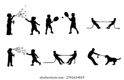 The image depicts multiple children engaging in various physical activities involving jump ropes and bubbles. The top row shows children jumping rope individually and in pairs, while one child appears to be chasing bubbles. The bottom row illustrates more children jumping rope together, with one child seemingly attempting to catch or interact with bubbles. The silhouettes emphasize movement and playfulness in an outdoor environment.