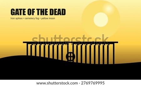 The image depicts a mysterious gate labeled 'Gate of the Dead' under a yellow moon in a pixelated landscape. The gate is flanked by iron spikes and a nearby log, with a desolate and eerie atmosphere. The scene is bathed in a yellowish hue, adding to the overall ominous and foreboding mood.
