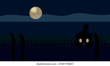 The image depicts a night scene with a full moon illuminating the sky. In the foreground, there is a barbed wire fence that stretches across the image. Behind the fence, there is a silhouette of a house with two lit windows, giving a sense of warmth and habitation. The background is dark, with a faint outline of trees or bushes, adding to the overall eerie and mysterious atmosphere.