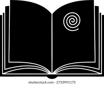 The image depicts an open book with both pages being black. On the right page, there is a white spiral symbol, which is often associated with knowledge, learning, and the pursuit of wisdom. The book's pages are slightly curled, giving it a sense of depth and realism.
