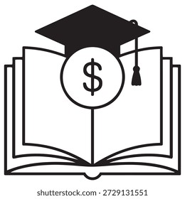 The image depicts an open book with a graduation cap on top, symbolizing the intersection of education and financial aspects. A dollar sign is prominently displayed in the center of the book, emphasizing the financial implications of education. This could represent the cost of education, financial aid, or the financial benefits of attaining higher education.